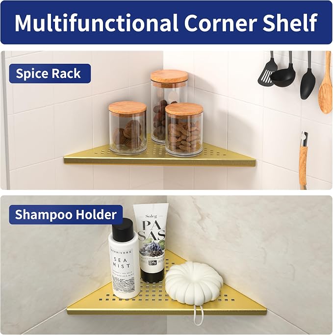 Corner Shower Shelves 10", Brushed Gold 304 Stainless Steel Recessed Bathroom - Image 6