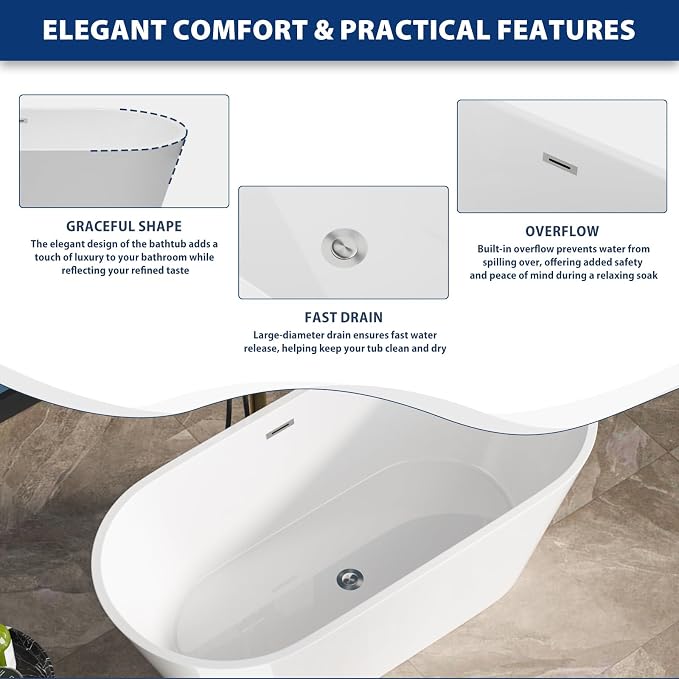 Sarlai 63 Inch Acrylic Freestanding Soaking Bathtub Contemporary Soaking White - Image 6