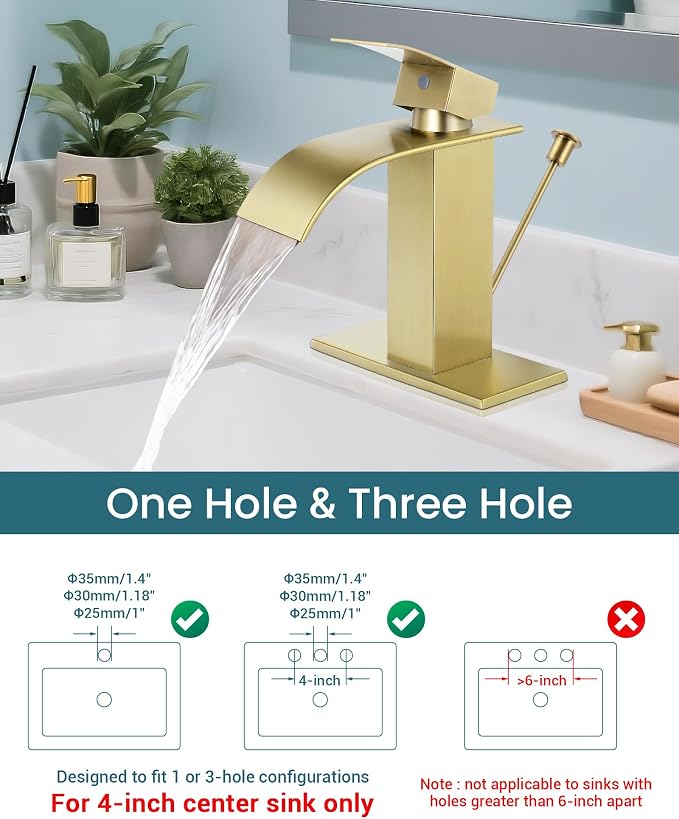 Bathroom Faucets with Lift Rod Drain Brushed Gold Waterfall Bathroom Sink - Image 3