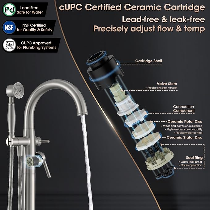 Brushed Nickel Freestanding Bathtub Faucet, Brass Floor Mount Tub Faucet High - Image 6