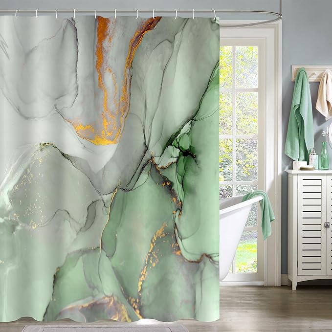 Gibelle Abstract Marble Shower Curtain, Sage Green Jade Texture Gold Stripes by Gibelle