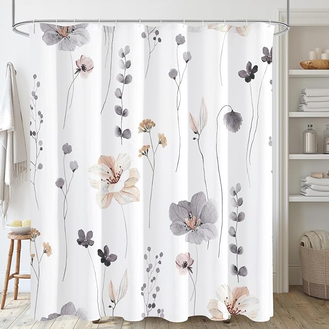 Gibelle Watercolor Floral Shower Curtain 72x72 Inch, Charcoal Grey Beige Flower by Gibelle