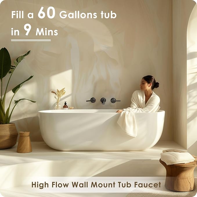 Brass Tub Filler Wall Mount 3 Hole, Farmhouse Black Tub Faucet, High Pressure 2 - Image 2