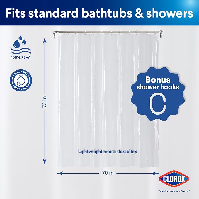 Clorox Shower Curtain Liner & Hooks, Premium Lightweight Flexible Waterproof 4g - Image 2