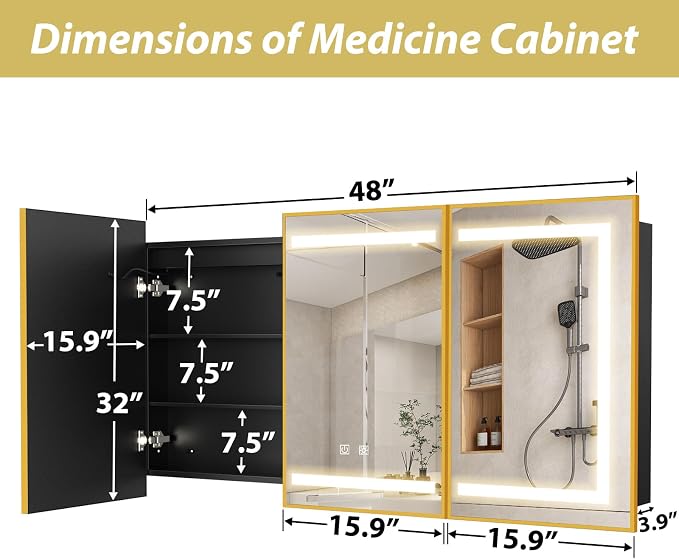 APRILSOUL 48X32 Inch Gold Bathroom Medicine Cabinet - Image 4