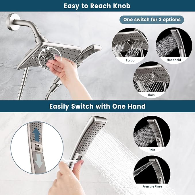 BRIGHT SHOWERS High Pressure Brushed Nickel Shower Heads Combo - Image 2