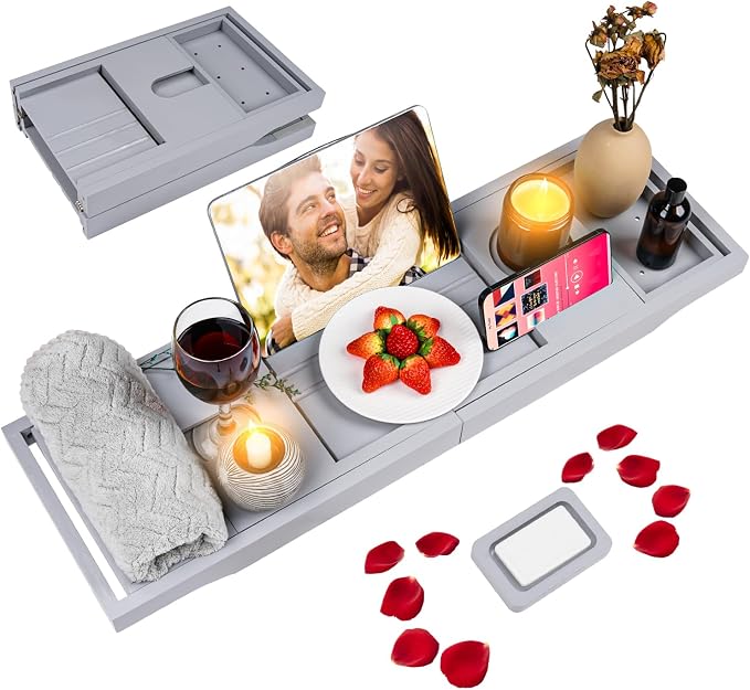 Foldable Bathtub Caddy Tray, Bamboo Bath Tub Tray Table by BESHOF