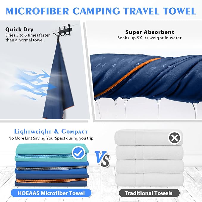 HOEAAS 2 Pack Microfiber Camping Towels, Quick Dry Towel, Super Absorbent Ultra - Image 4