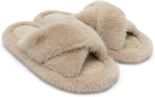 Chantomoo Womens Slippers Memory Foam Fuzzy Cross Band Faux Fur Slippers by Chantomoo