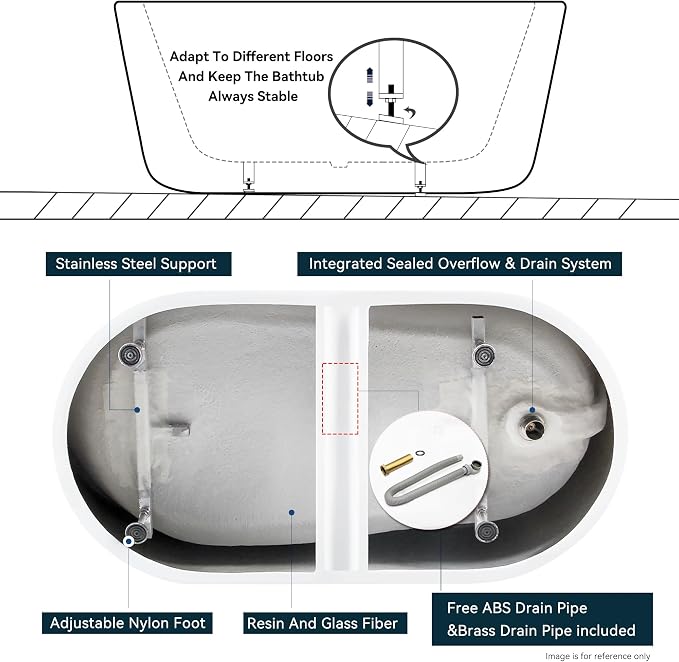 FerdY Lana'i 60" Freestanding Bathtub, Gracefully Shaped Freestanding Soaking - Image 5