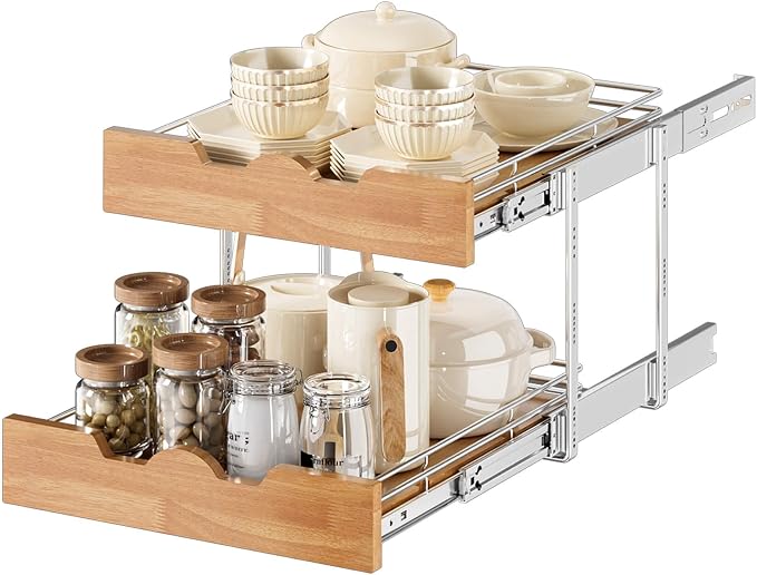 OCG Pull Out Cabinet Organizer 17" W x 21" D, 2 Tier Slide Out Shelf, by OCG