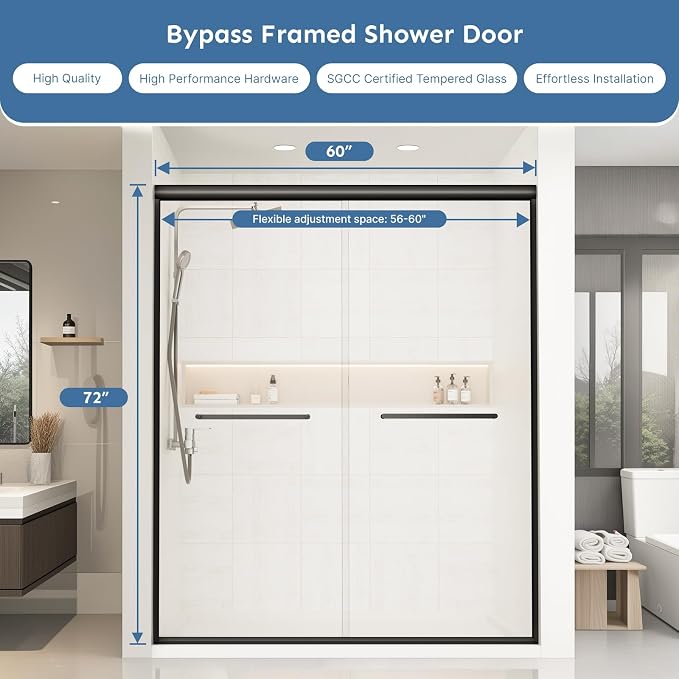 60" x 72" Frameless Sliding Shower Door, 6mm Tempered Glass, Heavy-Duty 304 - Image 2