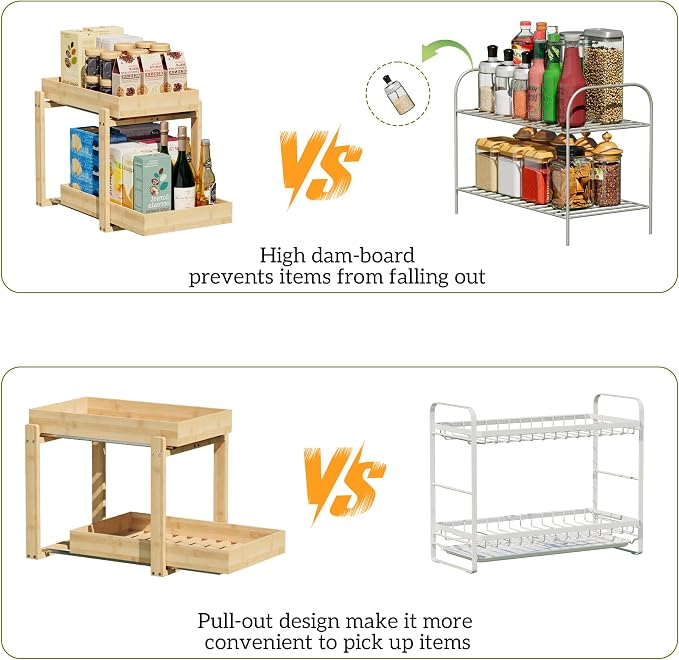 2 Pack Under Sink Organizer, Bamboo Wooden 2-Tier Pull-Out Storage - Image 7