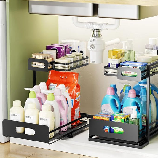Delamu 2 Pack Metal Bathroom Organizers and Storage, 2 Tier Pull Out Under Sink by DELAMU