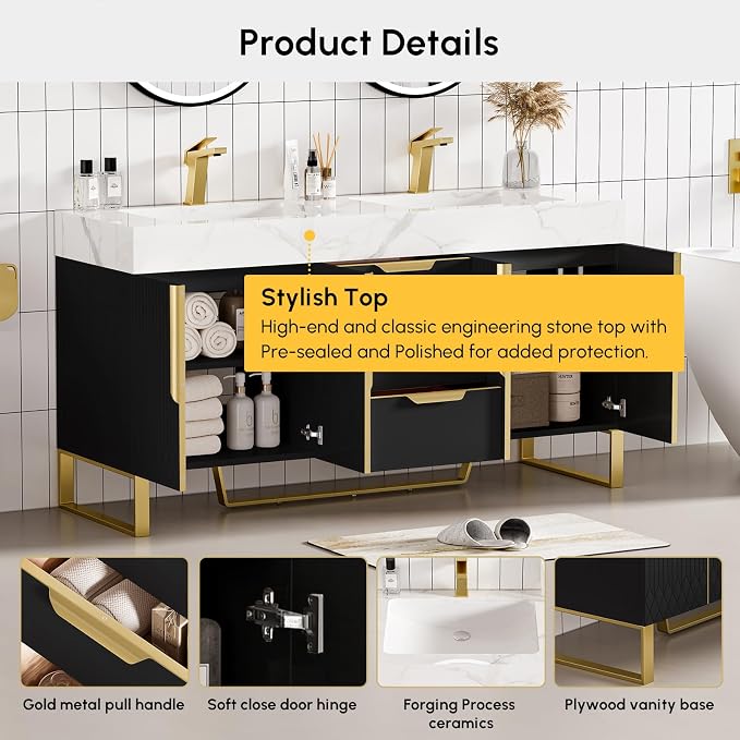 homary 59" Freestanding Bathroom Vanity Set, Floor-Mounted Double Sink Bathroom - Image 4