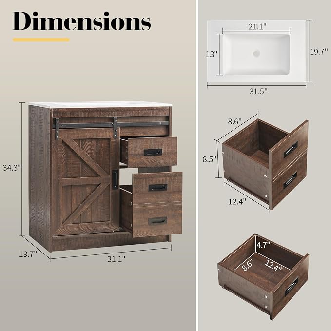 31" Farmhouse Sliding Barn Door Bathroom Vanity - Image 2