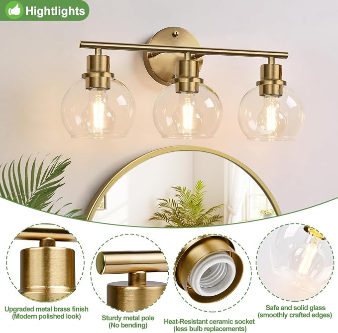 2025 Upgrade 3-Light Bathroom Light Fixtures, Brushed Brass Bathroom Lights - Image 3