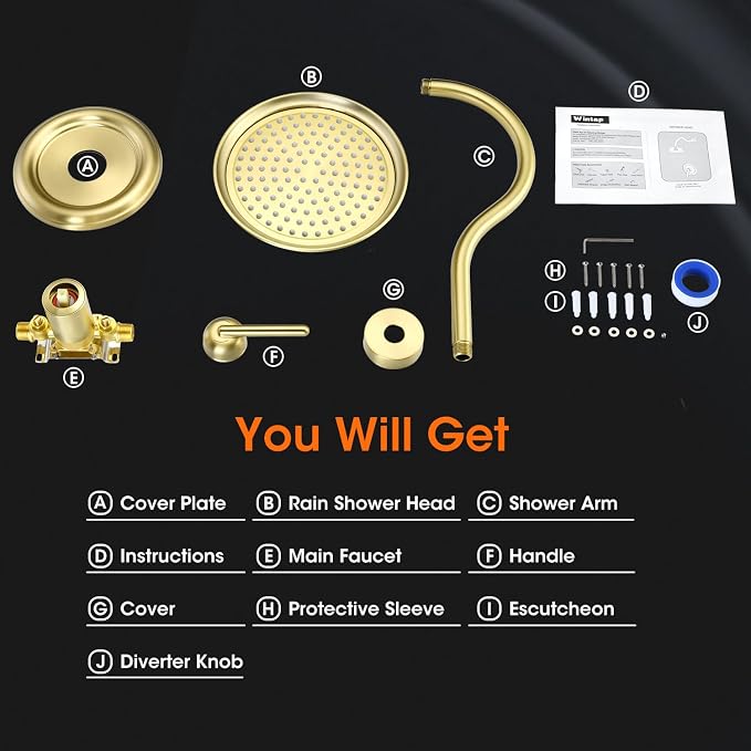 Antique Shower Faucet Set Brushed Gold, 9 inch High Pressure Rainfall Shower - Image 8