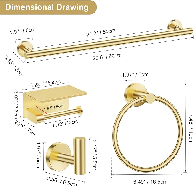 5-Piece Towel Bar Set Brushed Gold Bathroom Hardware Accessories Set Upgraded - Image 7