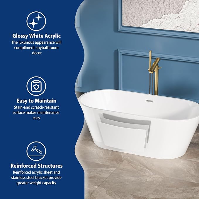 Sarlai 63 Inch Acrylic Freestanding Soaking Bathtub Contemporary Soaking White - Image 4