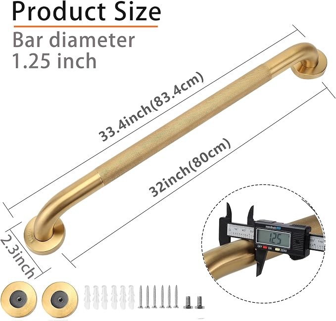 Shower Grab Bar, 2 Pack 32 Inch Gold Bathroom Grab Bar, 1.25" Diameter 304 - Image 2