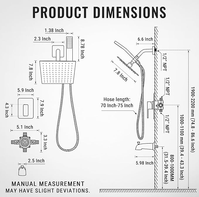 All Metal Shower Faucet Set, Dual Square Shower Head System - Image 9