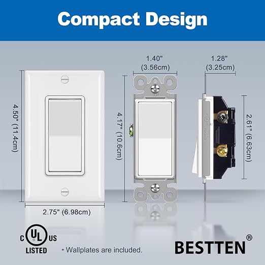 BESTTEN 40 Pack 3-Way Decorator Wall Light Switch, 15A 120V/277V, On/Off Rocker - Image 5