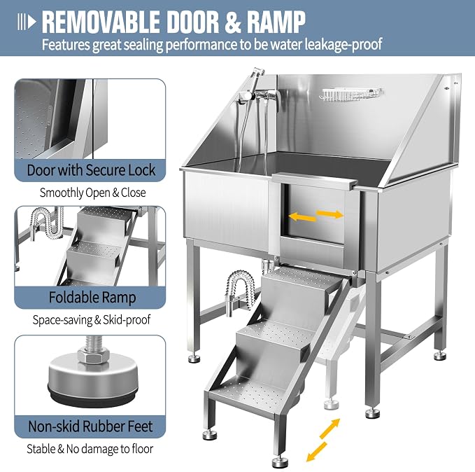 38" Pet Dog Bathing Station W/Ramp, Professional Stainless Steel Dog Grooming - Image 3