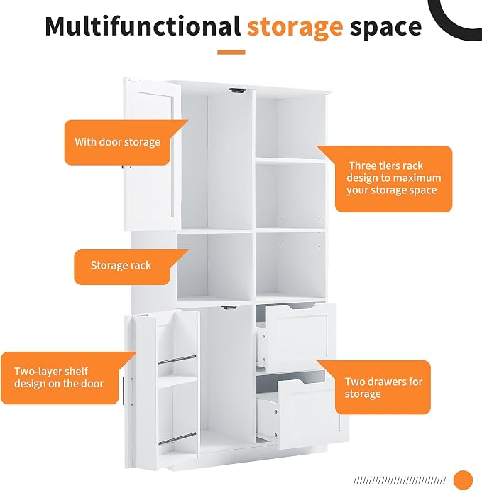 Tall Wide Storage Cabinet with 2 Doors, 2 Drawers, and Adjustable Shelves - Image 6