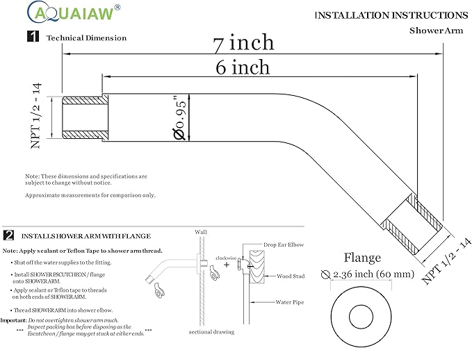 Aquaiaw Shower Arm and O-Ring Flange, 6 inch, Solid Brass, Both Soldered 1/2 - Image 6