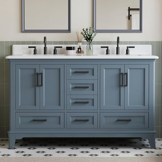 60 Inch Bathroom Vanity Double Sink, Fully Assembled Solid Wood Frame Double by DELUXELIVING