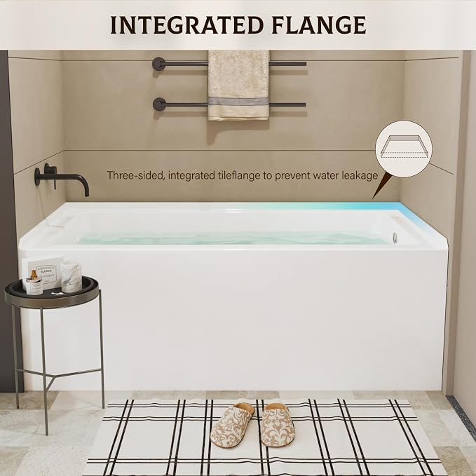 60 Inch Alcove Soaking Bathtub, Rectangular Acrylic Tub - Image 5