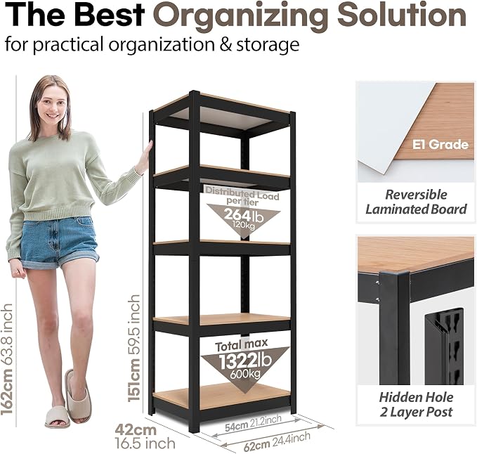 HOMEDANT House 5 Tier Laminated Metal Shelving Unit Adjustable Storage Utility - Image 2