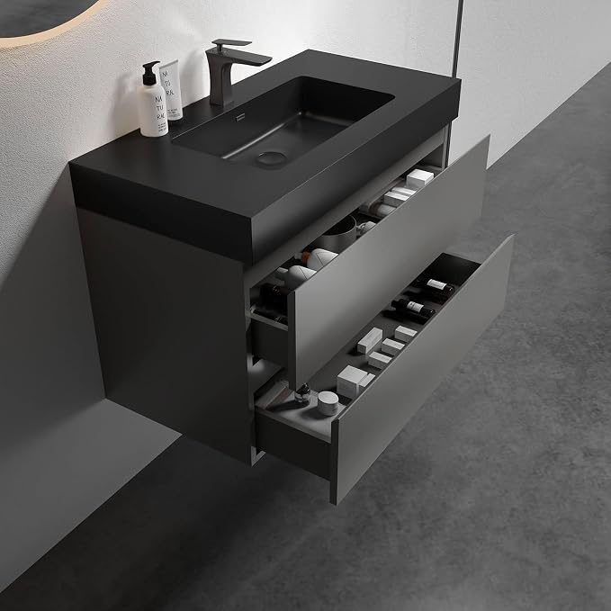 Alice 36 Inch Vanity with Overflow, Large Storage Wall Mounted Floating Vanity - Image 6