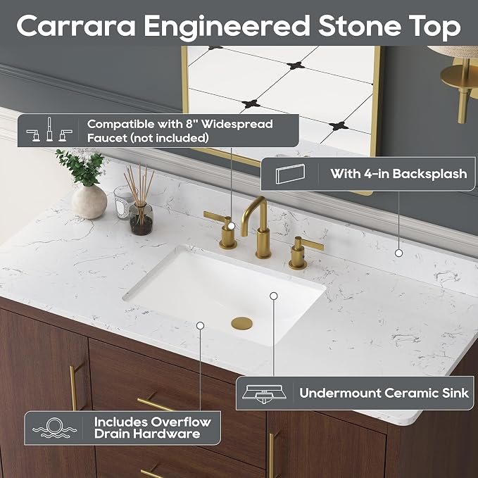 48 Inch Bathroom Vanity with Sink, Solid Wood Frame with Engineered Marble - Image 3