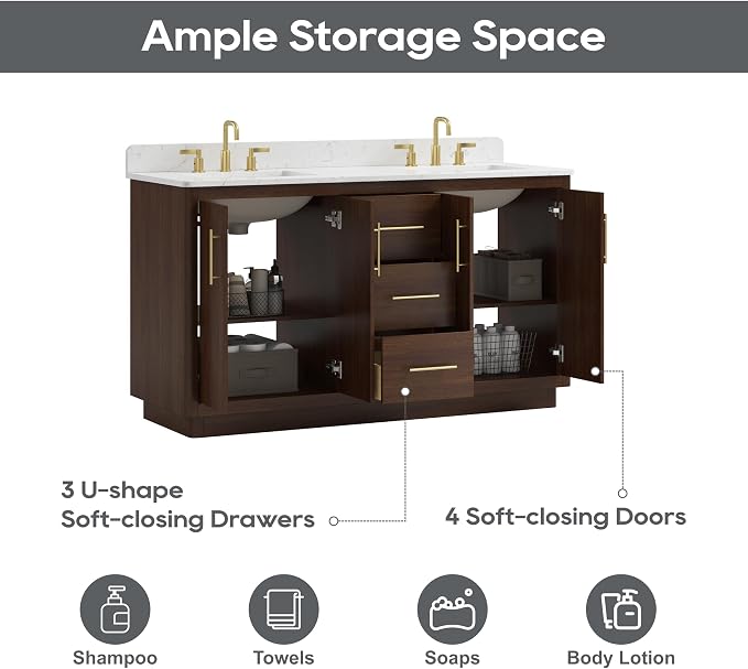 60 Inch Bathroom Vanity with Double Sink, Solid Wood Frame with Engineered - Image 6