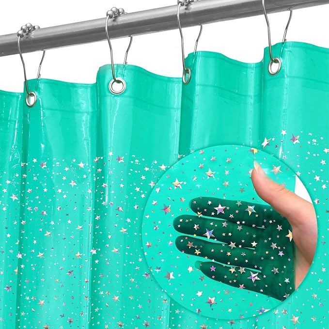 Green Holographic 3D EVA Shower Curtain Liner Glitter Star, 72x72 Premium Light by ZEMAHOME