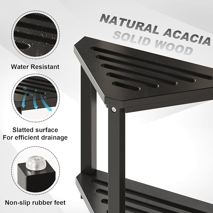 14" Acacia Wood Corner Shower Stool, Shower Foot Rest - Image 7