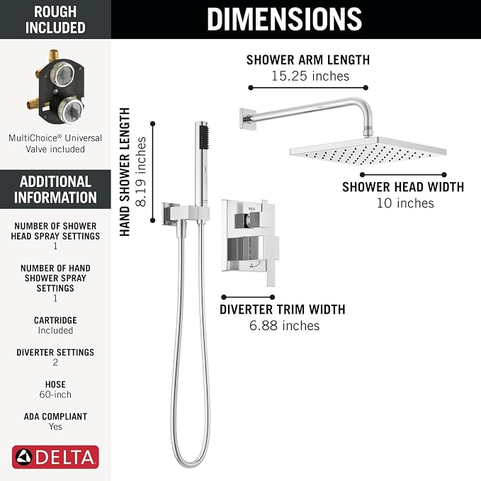 Delta Modern 14 Series Square Rain Shower System Faucet Set, Rainfall Chrome - Image 3