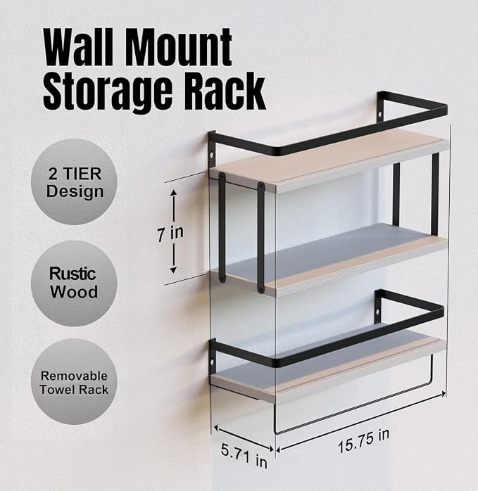 RICHER HOUSE 2+1 Tier Wall Mounted Floating Shelves Set of 2, Rustic Wood Wall - Image 2