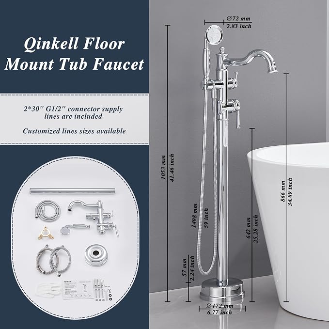 Free Standing Tub Faucet, Qinkell Classic Roman Freestanding Tub Faucets - Image 3