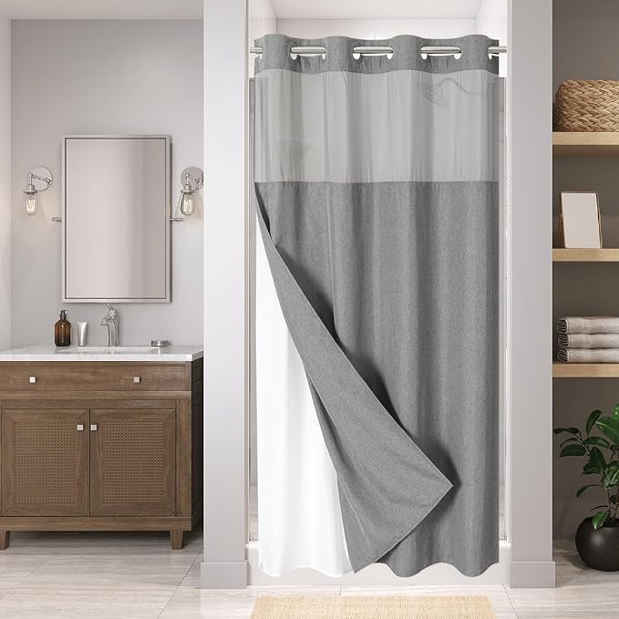 Stall No Hooks Needed Linen Textured Shower Curtain by EACHOPE