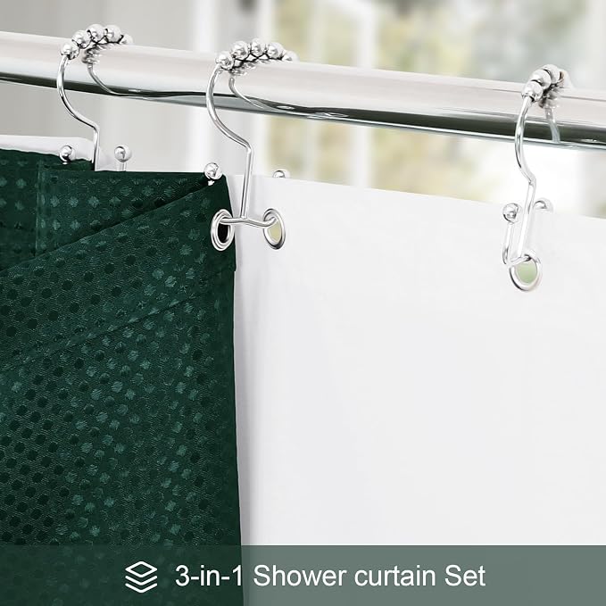 3 in 1 Stall Half Size Dark Green Shower Curtain Set-36 W x 72 H, Modern Waffle - Image 2