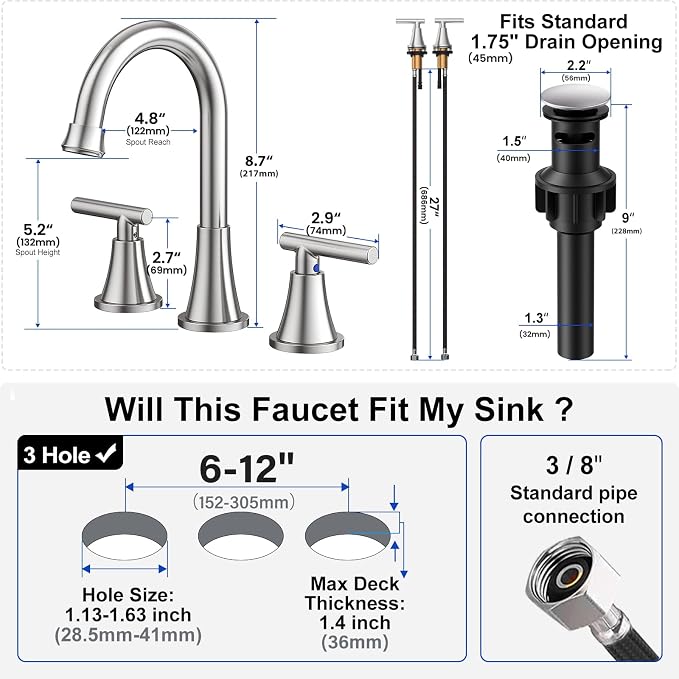 Bathroom Faucets for Sink 3 Hole, Hurran Brushed Nickel Bathroom Sink Faucet - Image 5