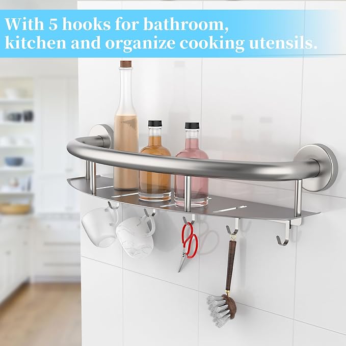 Satin Brushed Nickel Shower Grab Bar w/Storage Shelf 18 Inch, Zepolu Stainless - Image 4