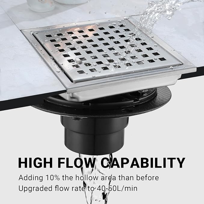 6 Inch Square Shower Floor Drain, Stainless Steel Black Shower Drain Kit - Image 5