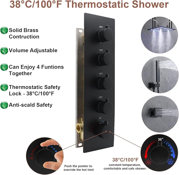 HOMEDEC Black 4-Function Shower Diverter Valve, 4 Ways Thermostatic Brass Mixer - Image 4