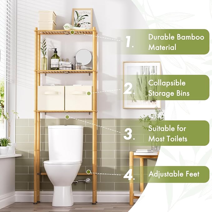 AmazerBath Over The Toilet Storage Bamboo, 3-Tier Over Toilet Organizer Rack - Image 4