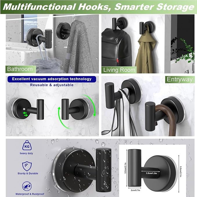 Suction Cup Hooks for Shower, Stainless Steel Towel Hooks for Bathroom Wall - Image 6