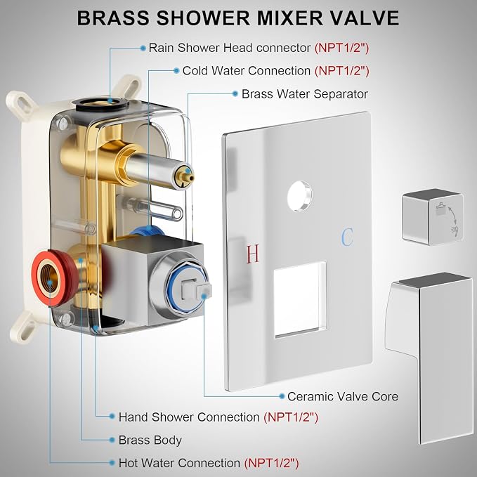 Shower Faucet Set Bathroom Square Rain Shower Head and Handle Set, Wall Mounted - Image 6